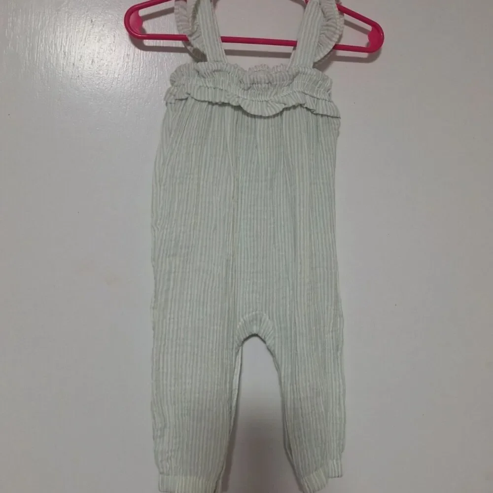 Carter's‎ Girls 3-6M Green/White Striped Seersucker Romper Sleeveless